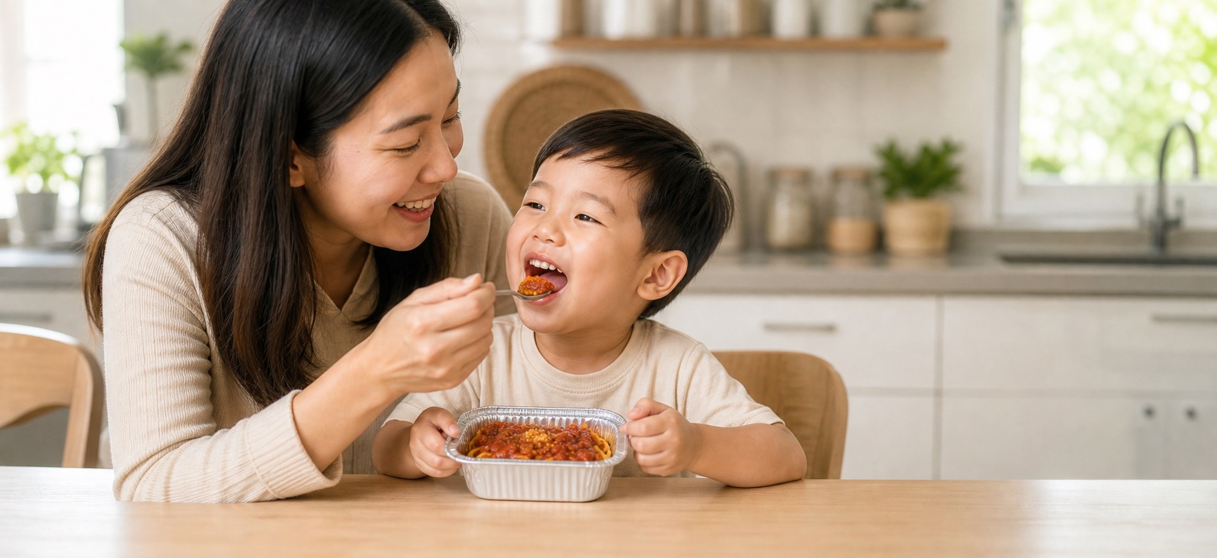 Mother feeding a young child spaghetti from a small foil tray in a bright kitchen