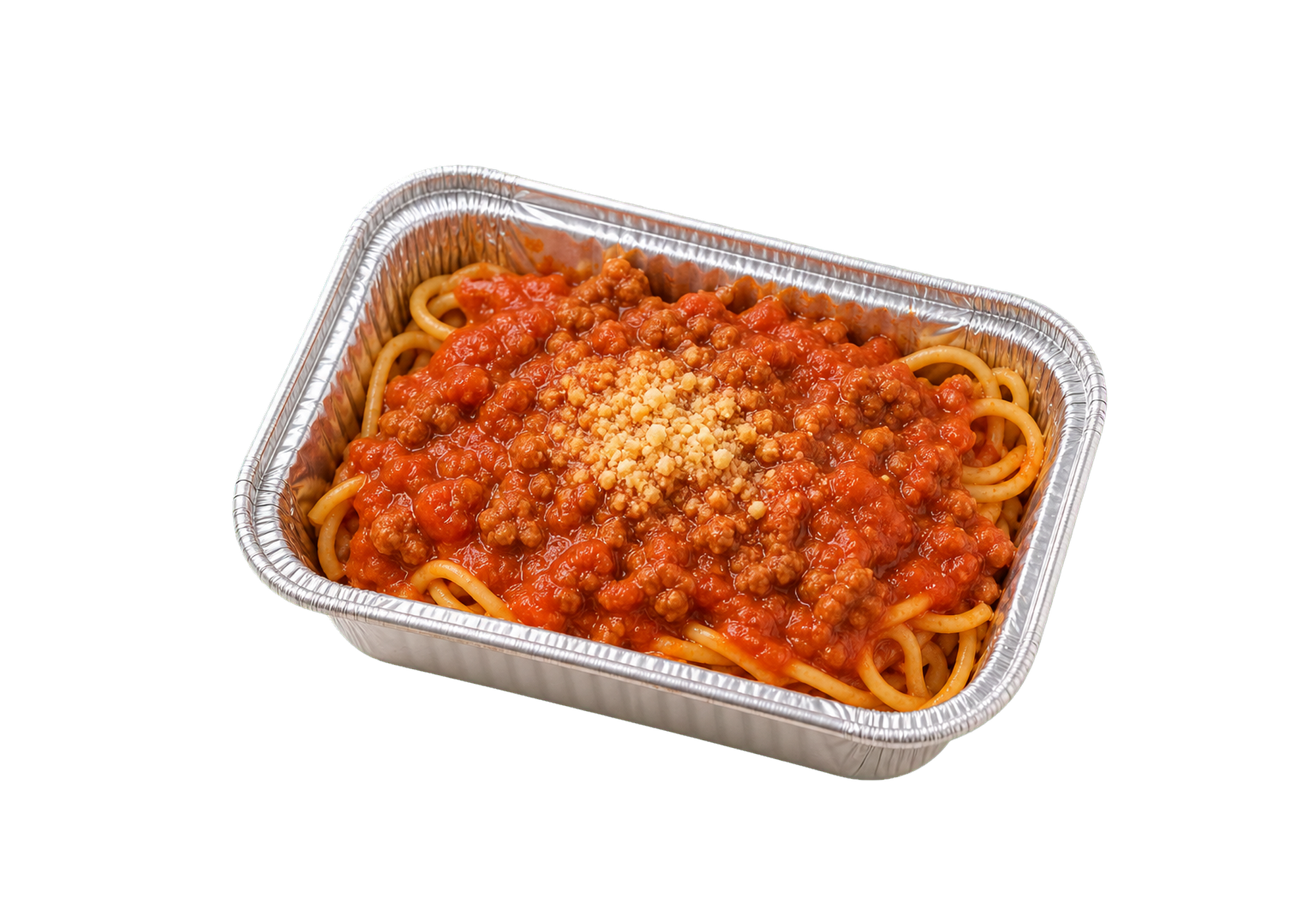 Kids Spaghetti Bolognese in a small opened aluminum foil tray