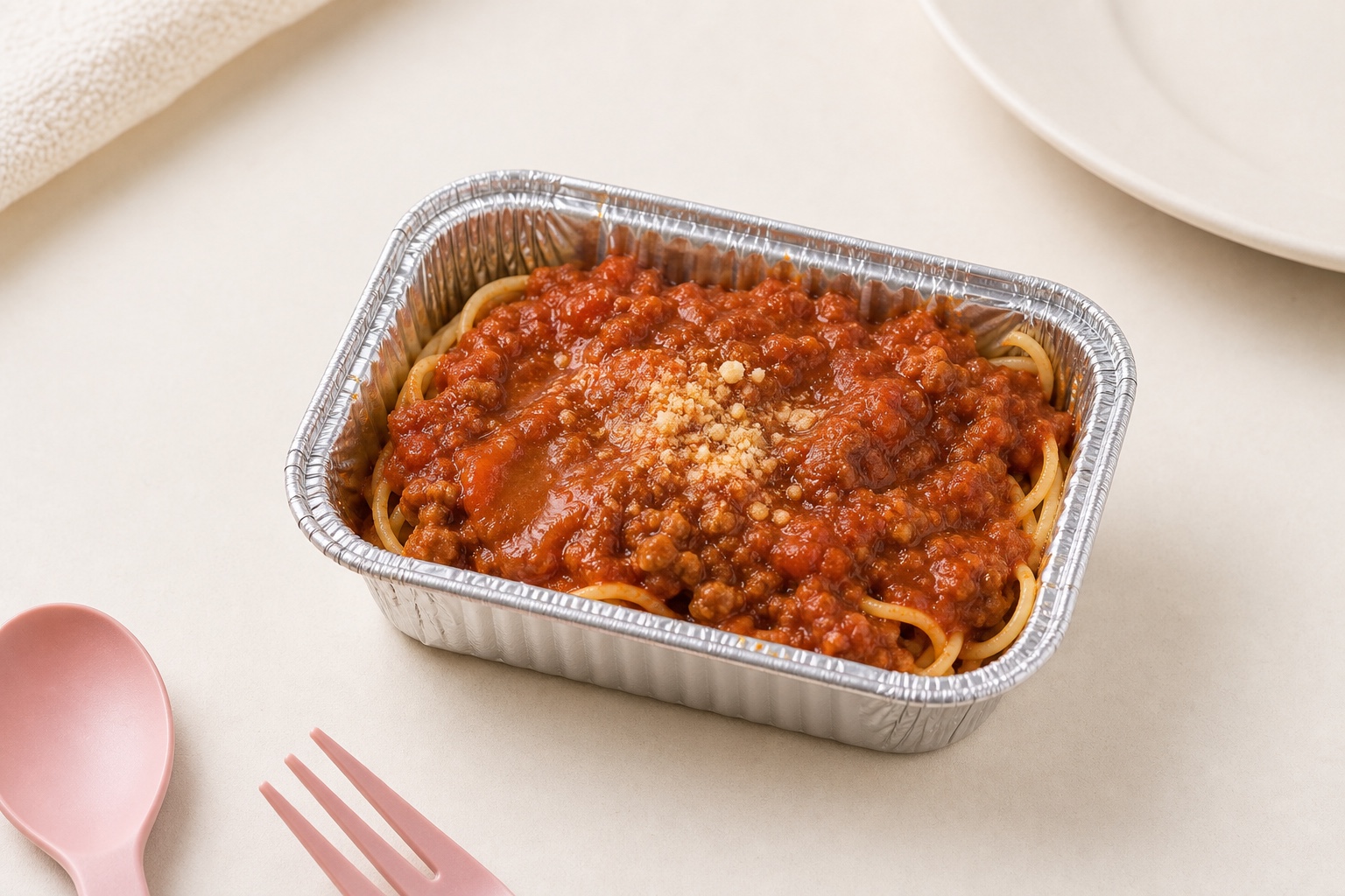 Frozen spaghetti bolognese backup meal in a small foil tray