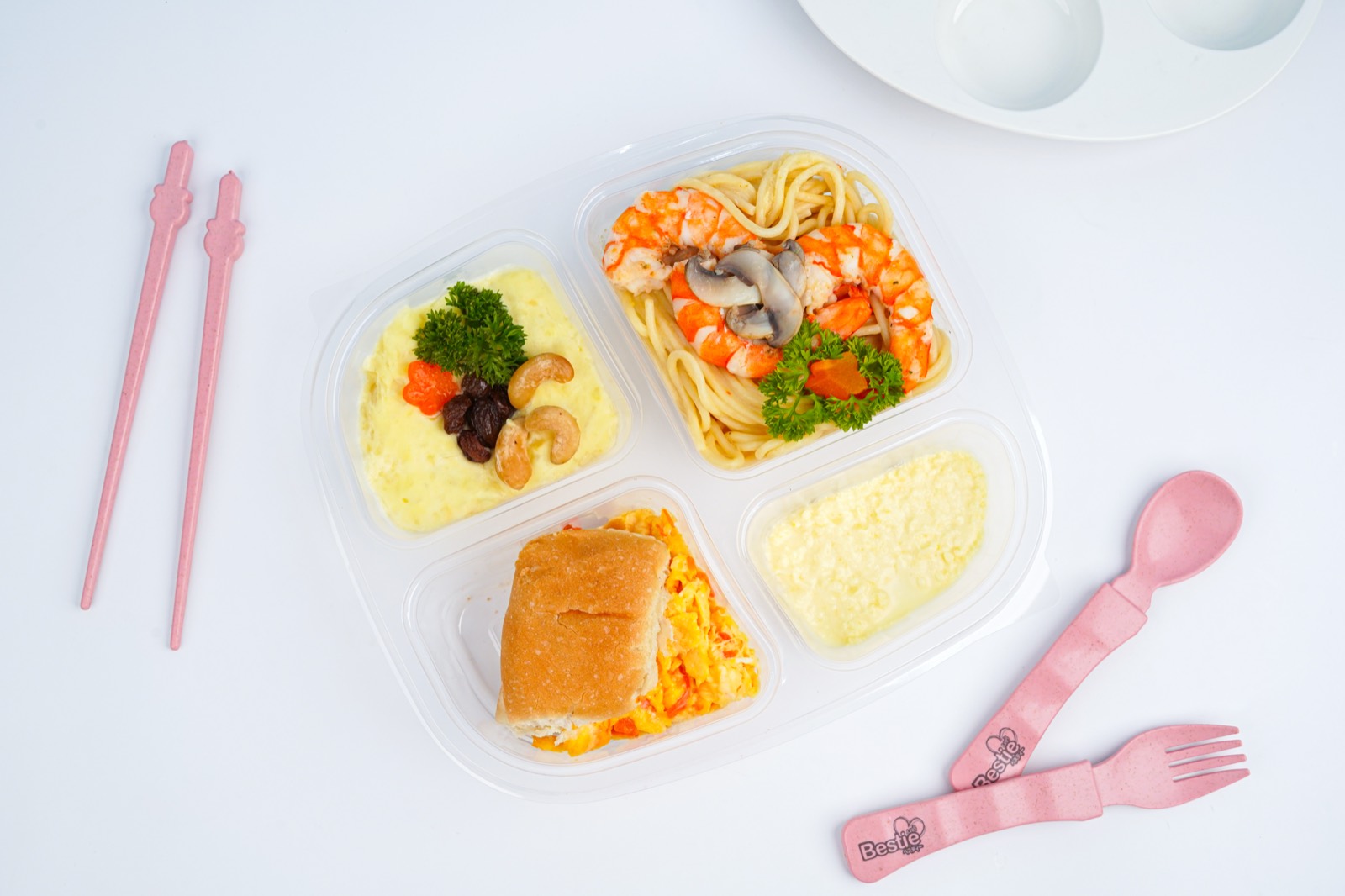 A real My Little Boss meal with prawn spaghetti, egg dishes and a soft sandwich