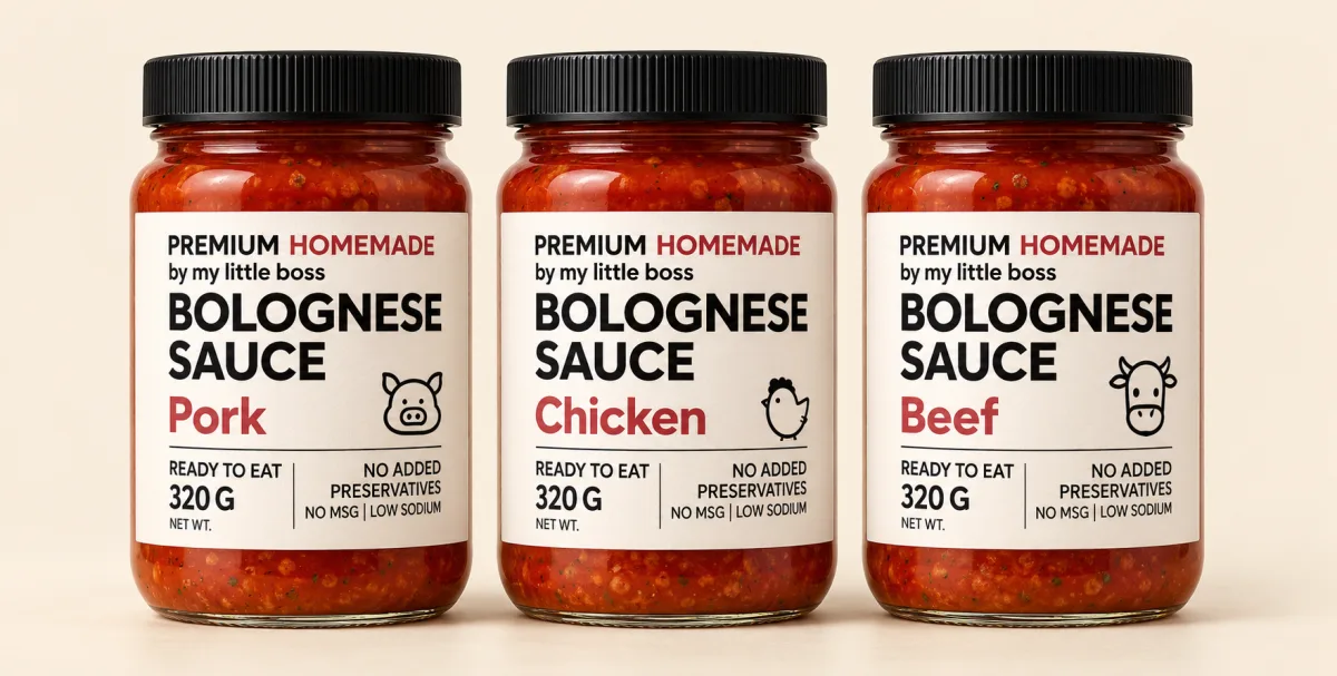 Three jars of My Little Boss ready-to-eat Bolognese sauce in pork, chicken and beef flavours