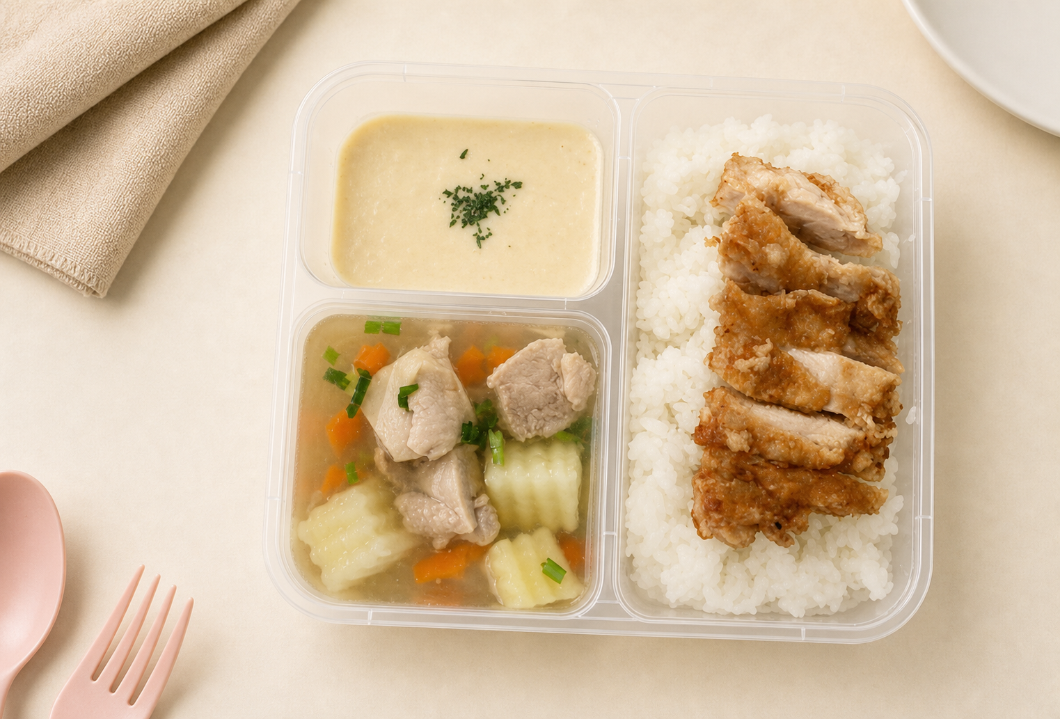 Lemon crispy chicken on Japanese rice in a My Little Boss meal tray