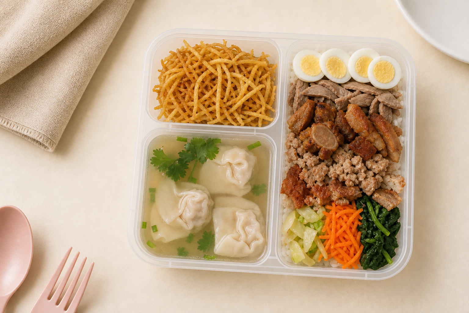 Classic dry-tossed noodles with pork in a My Little Boss meal tray
