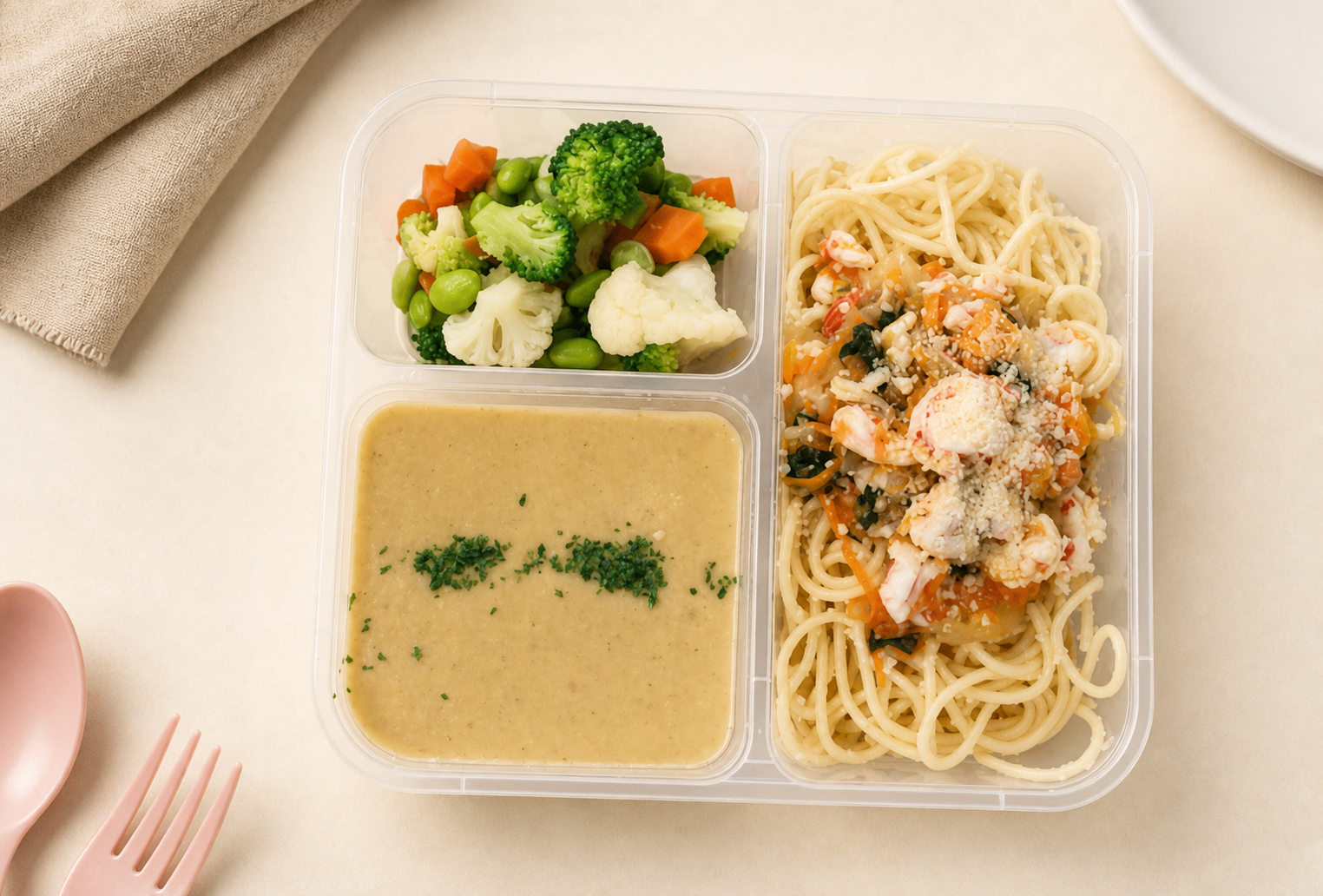 Garlic prawn spaghetti with parmesan in a My Little Boss meal tray