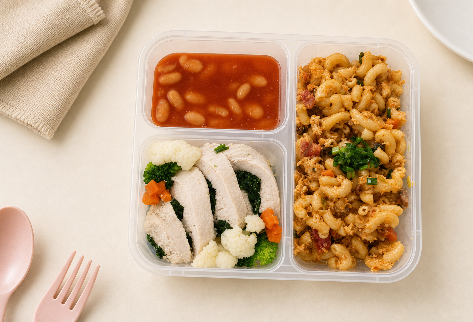 Spinach-stuffed chicken steak with egg macaroni in a My Little Boss meal tray