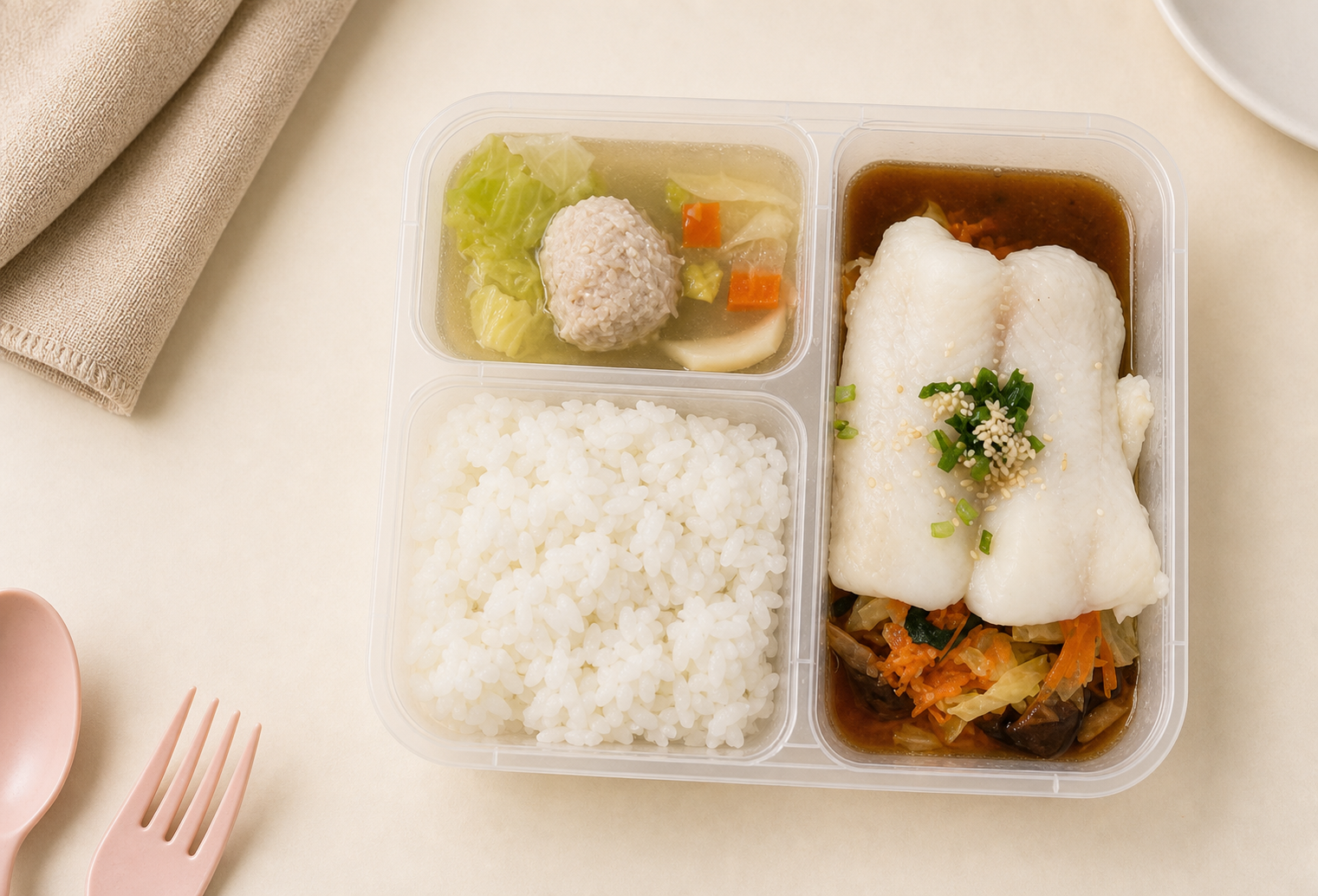 Japanese rice with miso-steamed dory in a My Little Boss meal tray