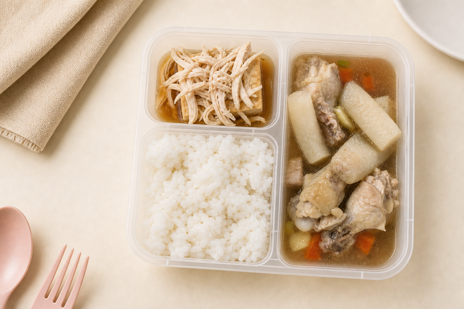 Bamboo pith soup with braised chicken and shiitake in a My Little Boss meal tray