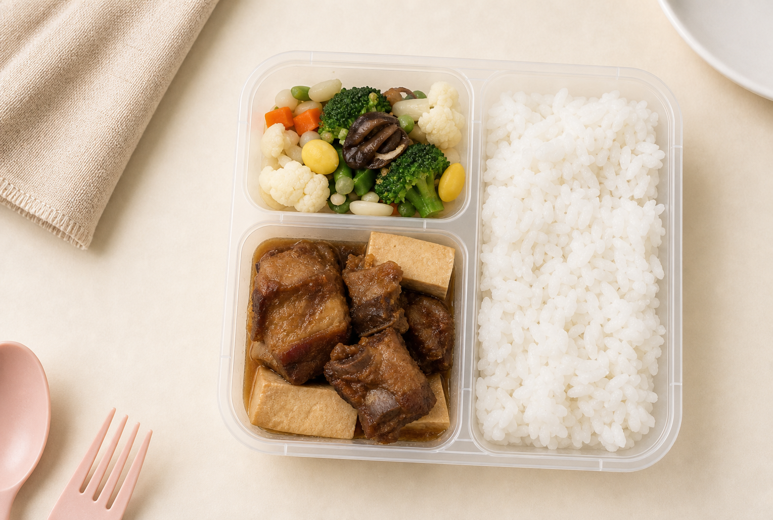 Baked pork ribs on rice in a My Little Boss meal tray