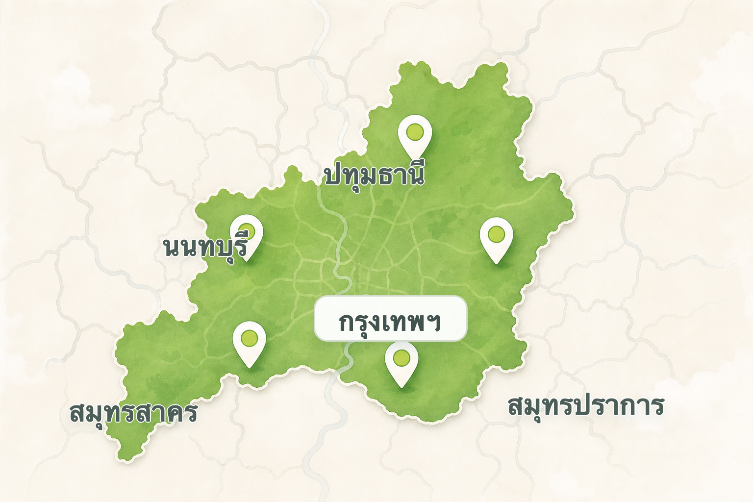 Delivery map covering Bangkok, Nonthaburi, Pathum Thani, Samut Prakan, and Samut Sakhon