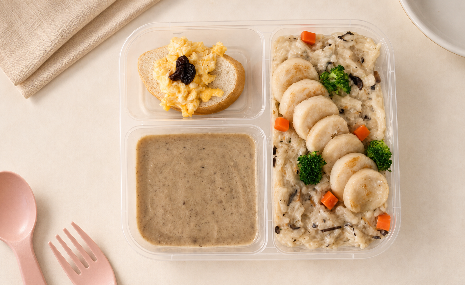 Porcini truffle risotto with grilled scallop in a clear My Little Boss delivery tray
