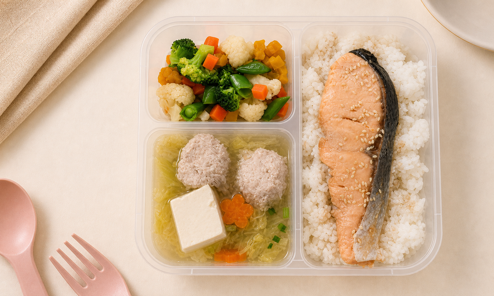 Salmon teriyaki on Japanese rice with soup and vegetables in a clear My Little Boss delivery tray