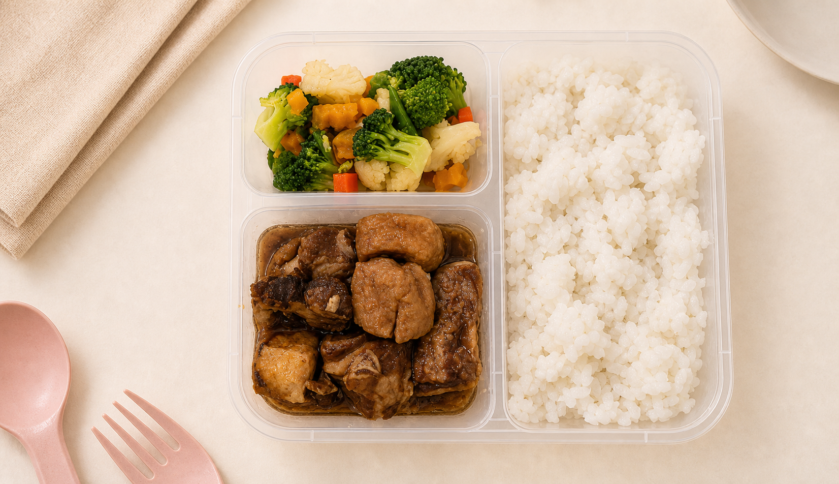 Braised pork ribs with rice and vegetables in a clear My Little Boss delivery tray