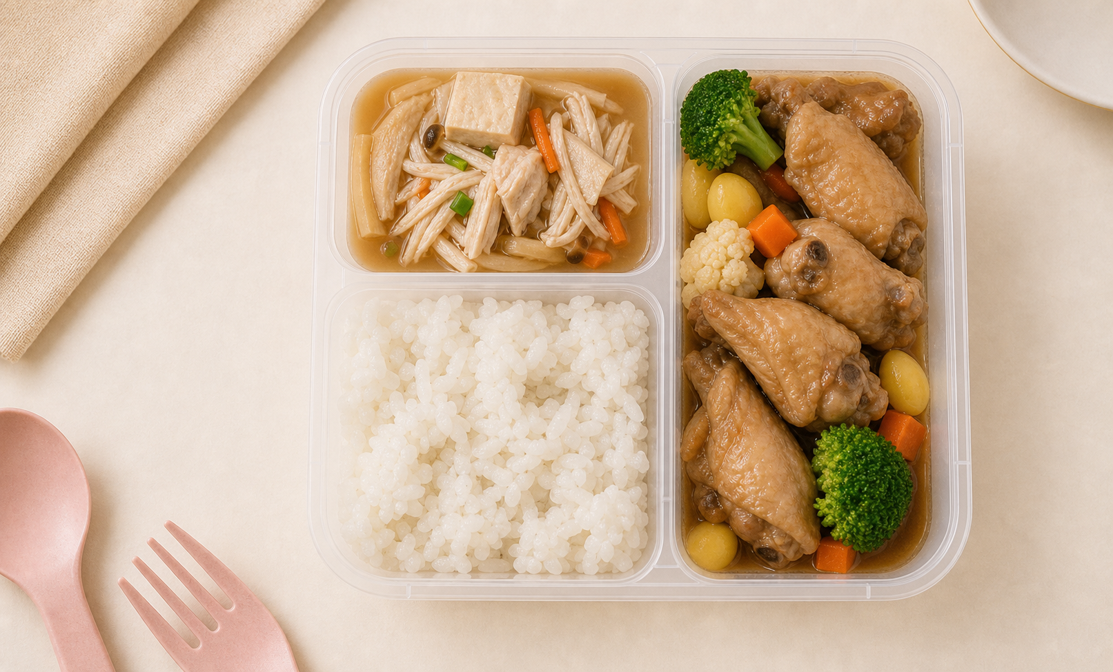 Ginger braised chicken wings with Japanese rice and soup in a clear My Little Boss delivery tray