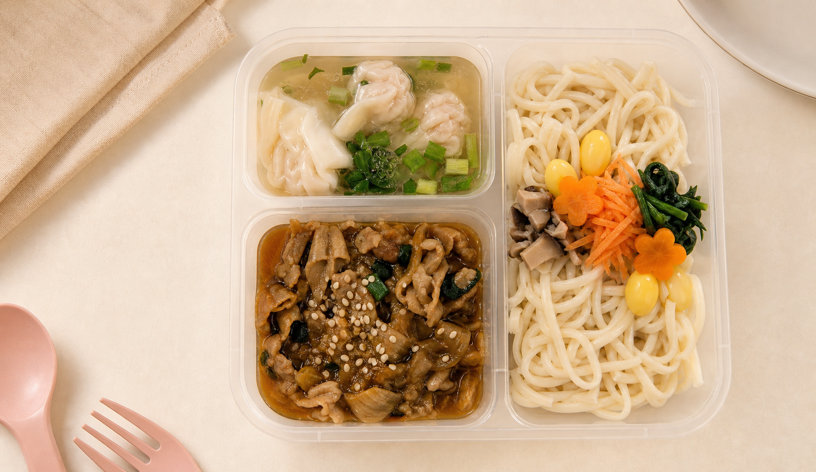Miso pork udon with soup and vegetables in a clear My Little Boss delivery tray