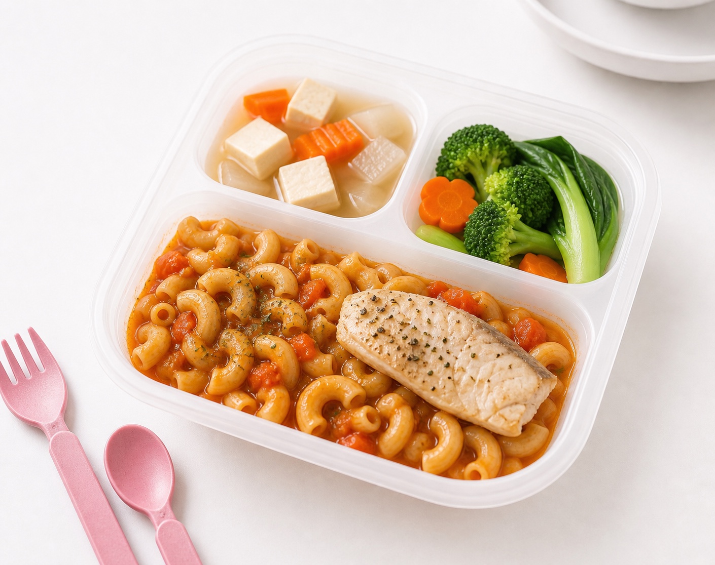 Warm fish macaroni tray with gentle colors and separated sides