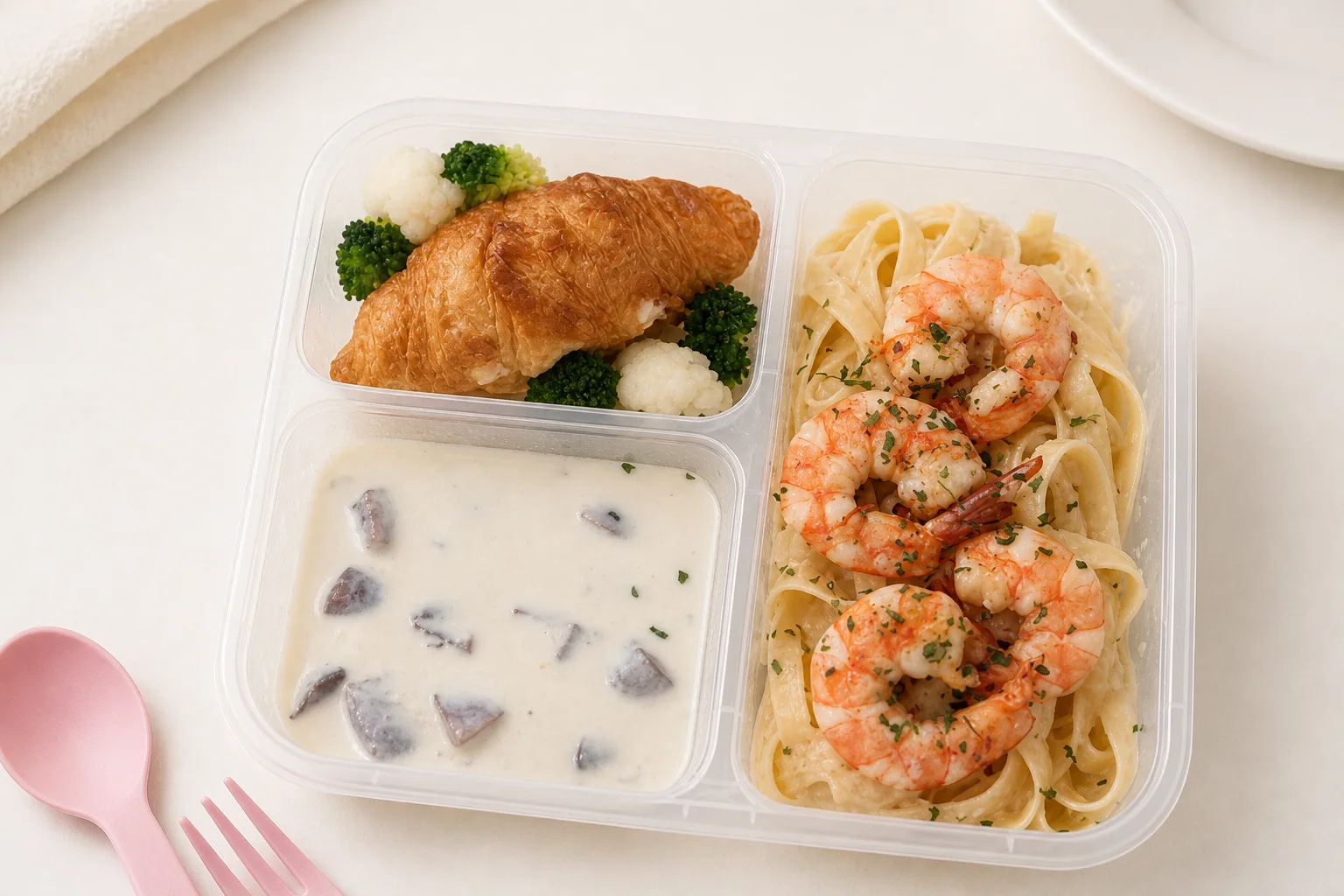 Fettuccine in egg yolk sauce with grilled shrimp and a cream cheese croissant in a My Little Boss meal tray