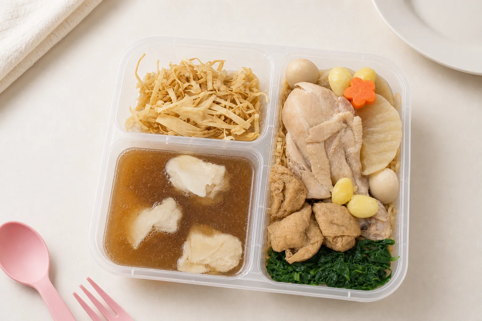 Dry egg noodles with herbal chicken and soup in a My Little Boss meal tray