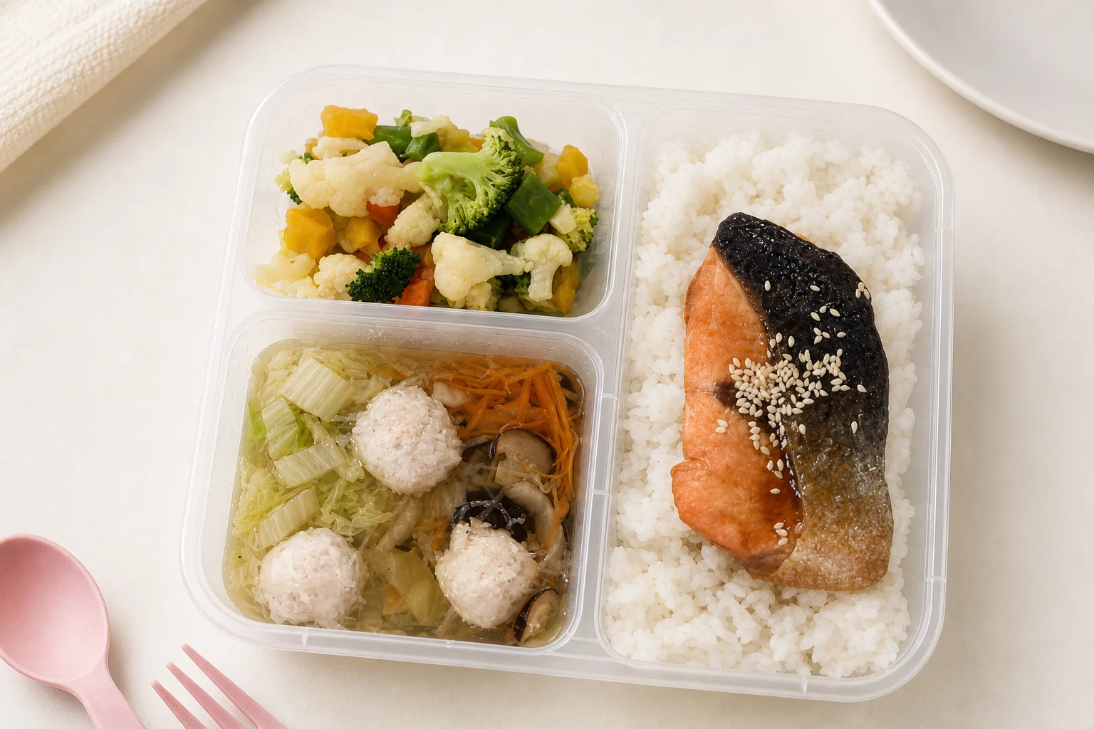 Japanese rice with salmon teriyaki, soup, and vegetables in a My Little Boss meal tray