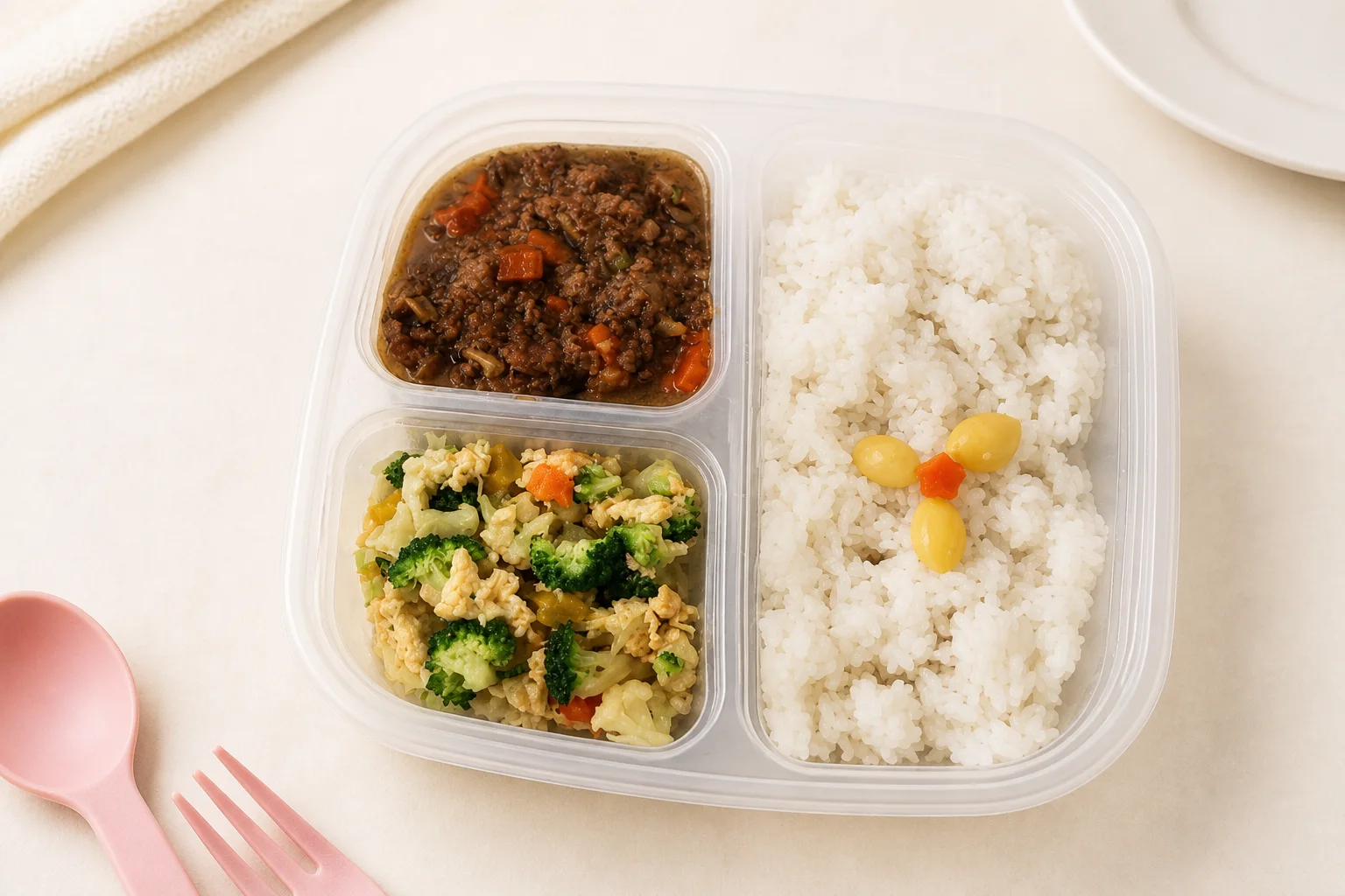 Minced beef on rice with broccoli and egg in a My Little Boss meal tray