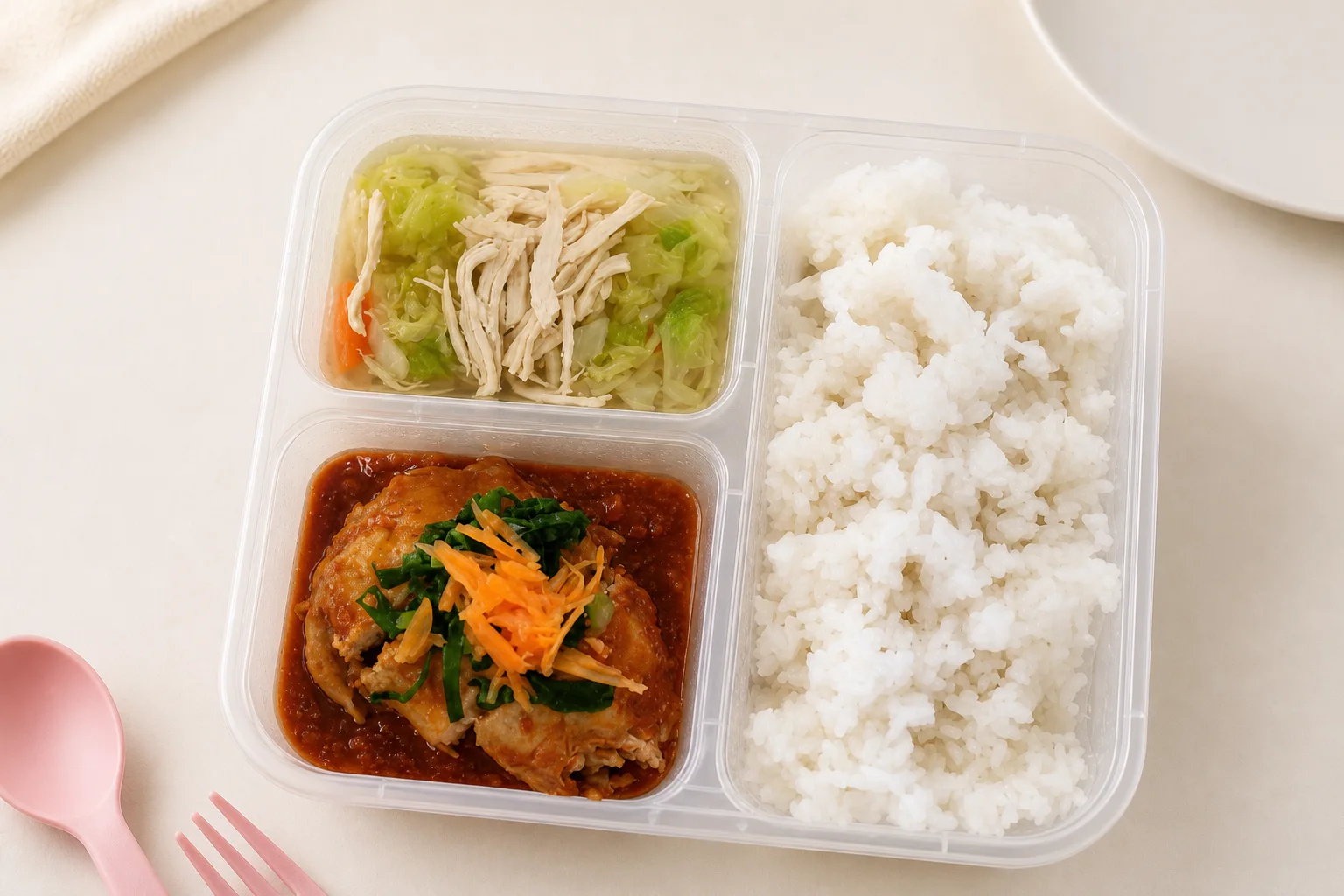 Japanese rice with stuffed baked chicken thigh teriyaki and soup in a My Little Boss meal tray