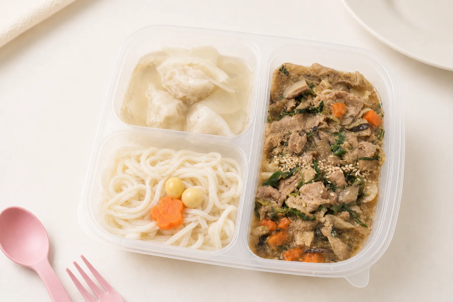 Udon with pork miso sauce, dumplings, and soup in a My Little Boss meal tray