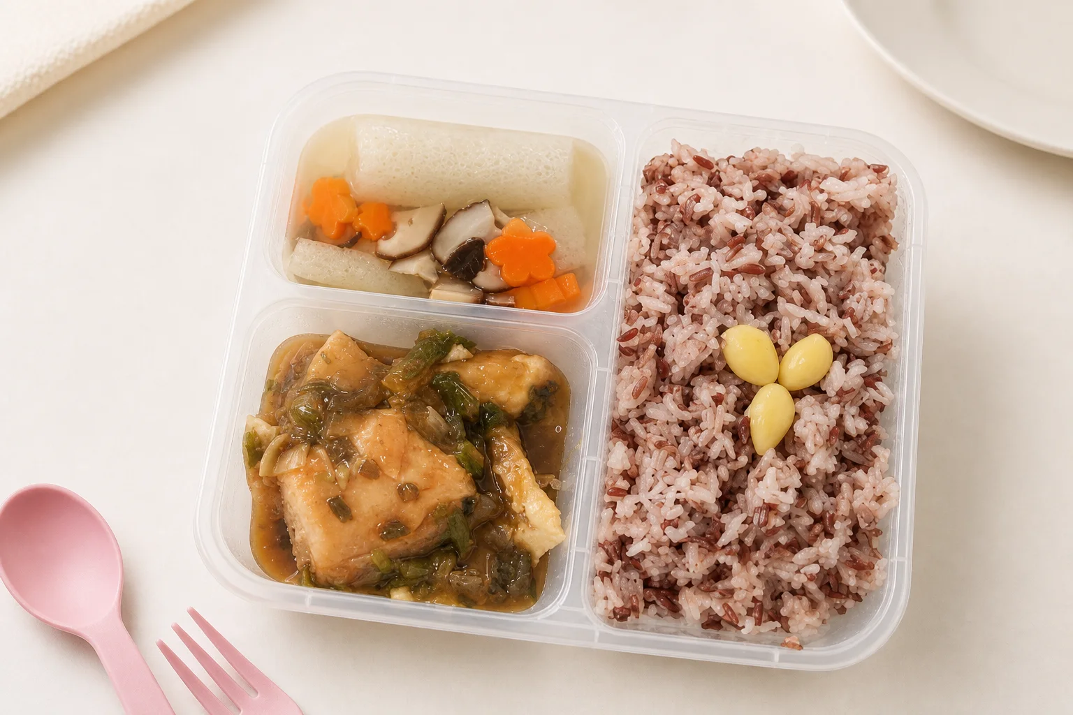 Steamed dory in soy sauce with brown rice and soup in a My Little Boss meal tray