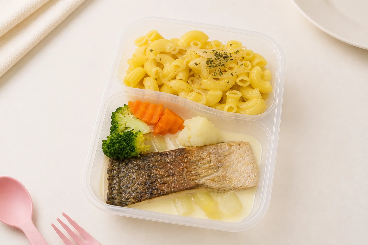 Yuzu butter sea bass with short pasta and vegetables in a My Little Boss meal tray