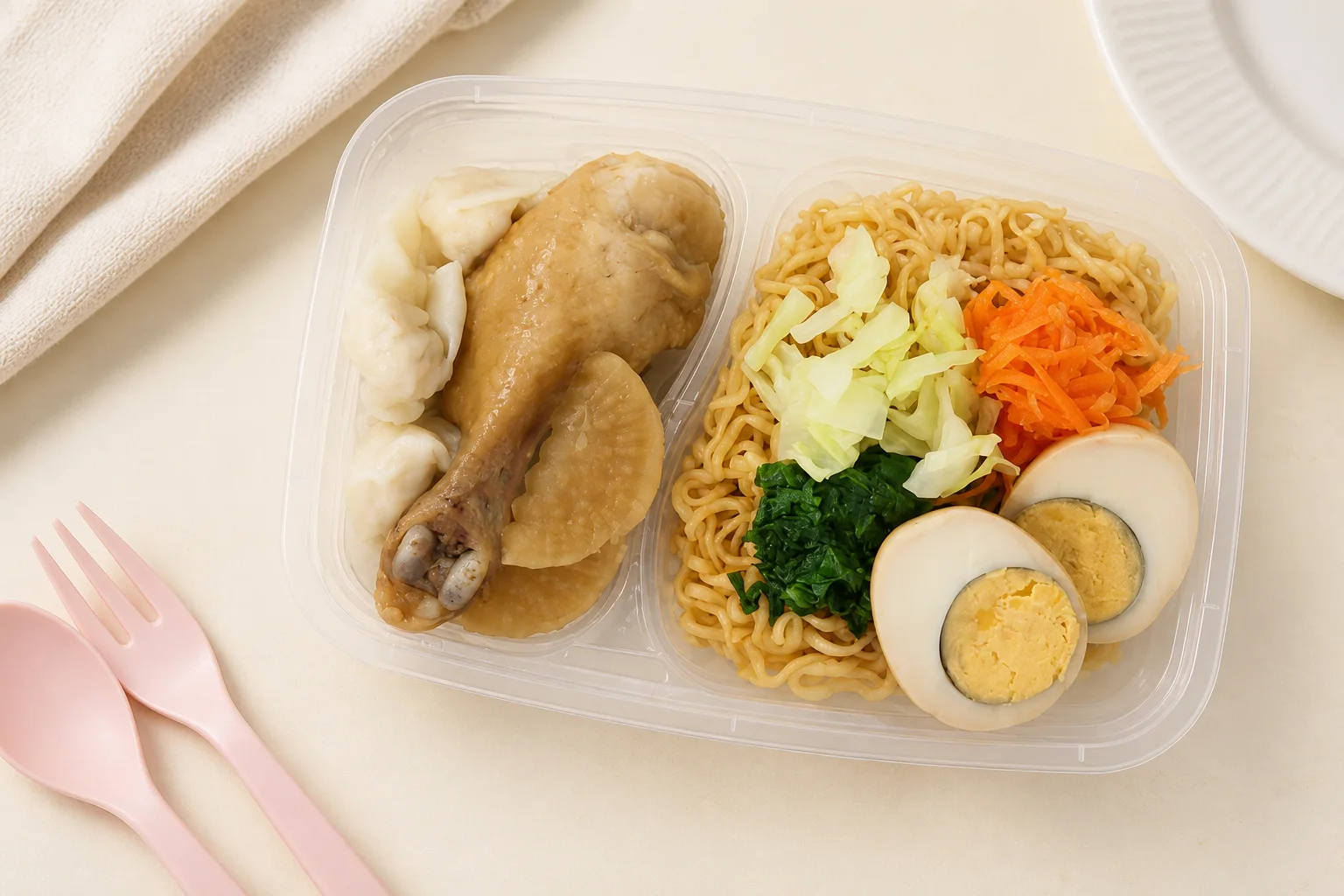 Braised chicken with noodles, dumplings, vegetables, and boiled egg in a My Little Boss meal tray