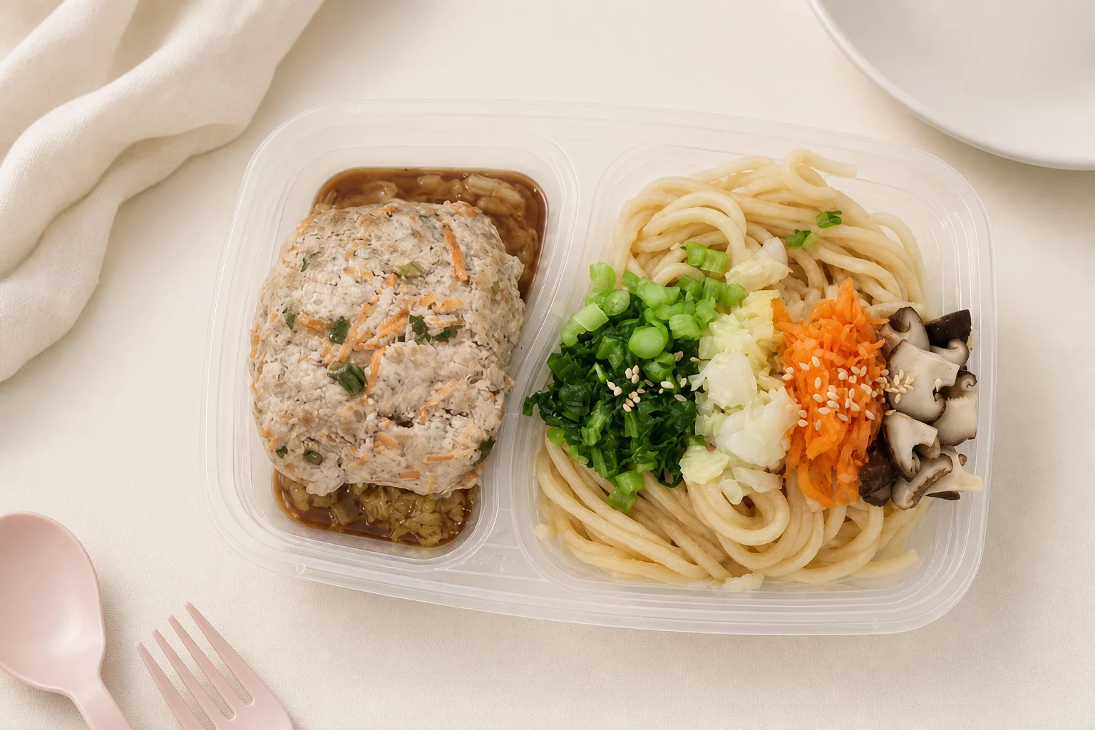 Korean-style sauce noodles with steamed minced pork in a My Little Boss meal tray