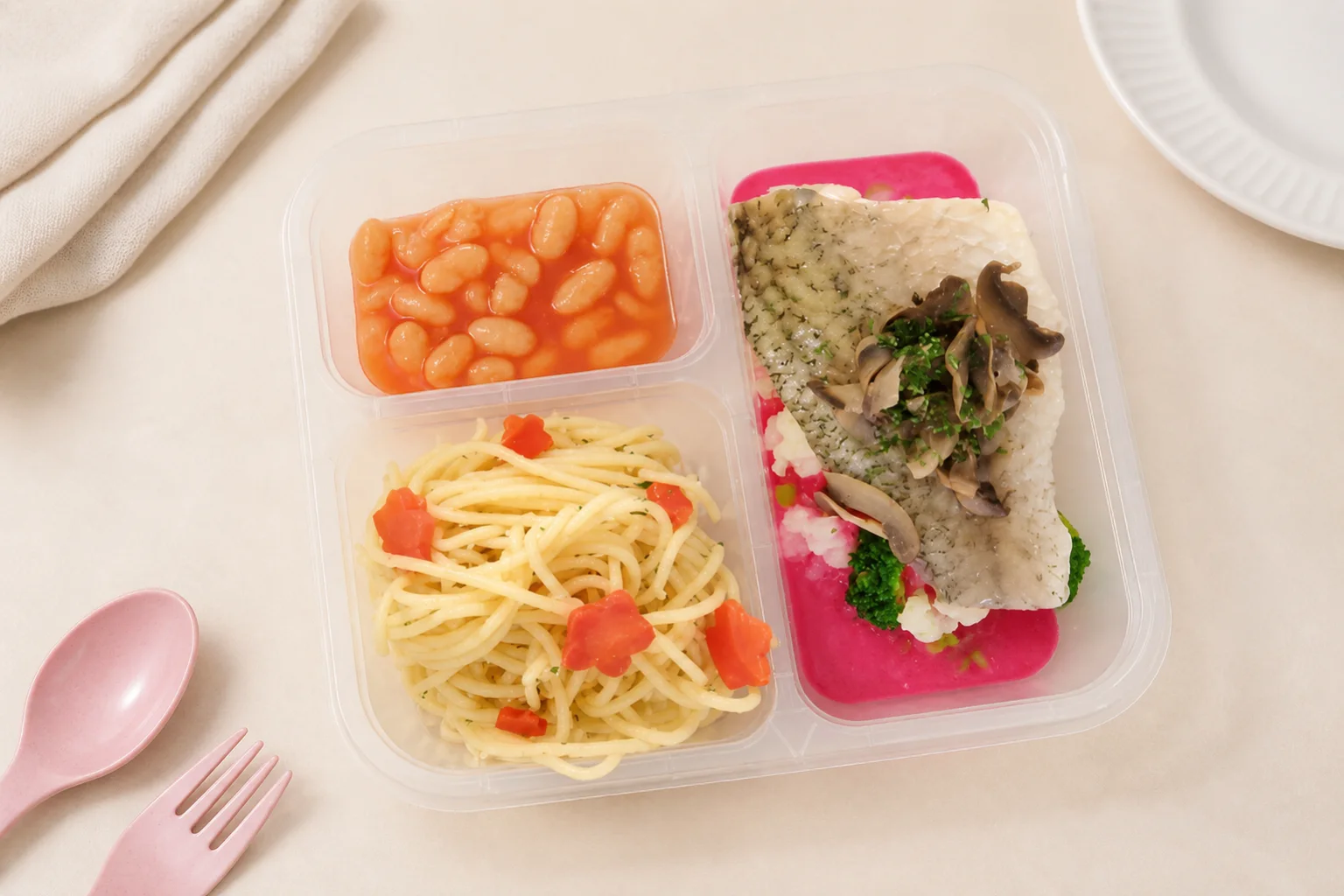 Herb dory with spaghetti and baked beans in a My Little Boss meal tray