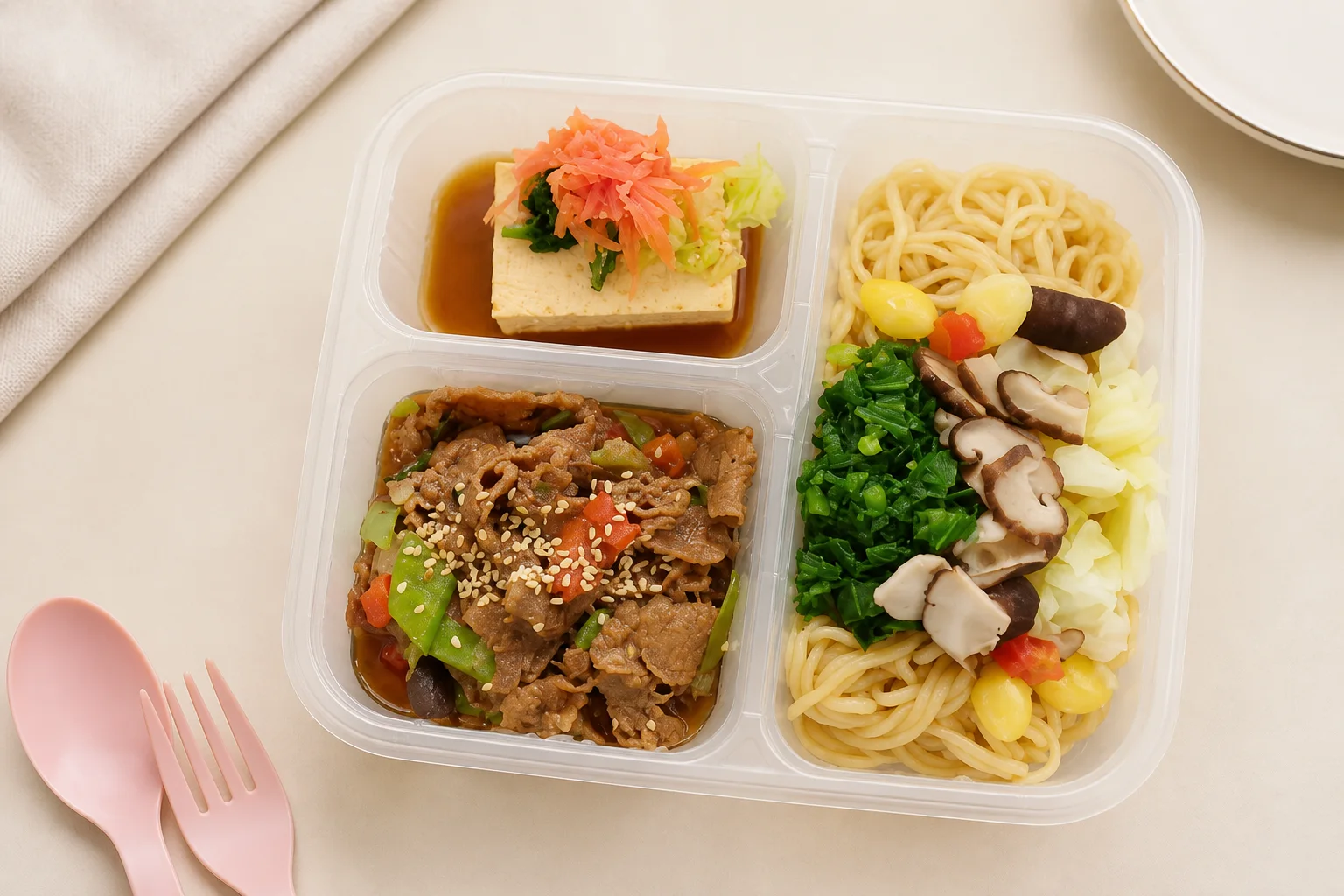 Cold tofu with beef stir-fry and udon in a My Little Boss meal tray