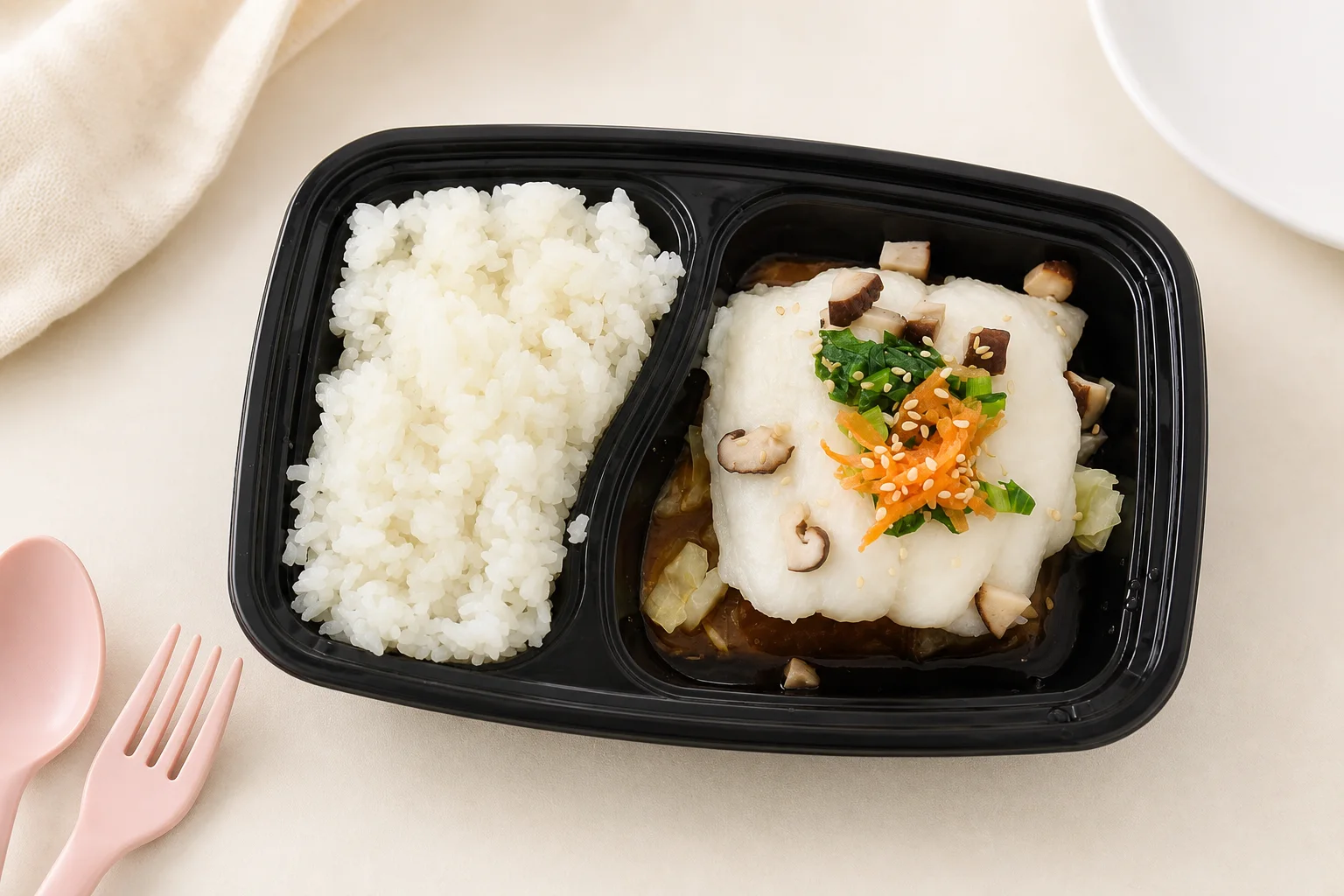 Japanese rice with steamed dory, soy sauce, mushrooms, and vegetables in a My Little Boss meal tray
