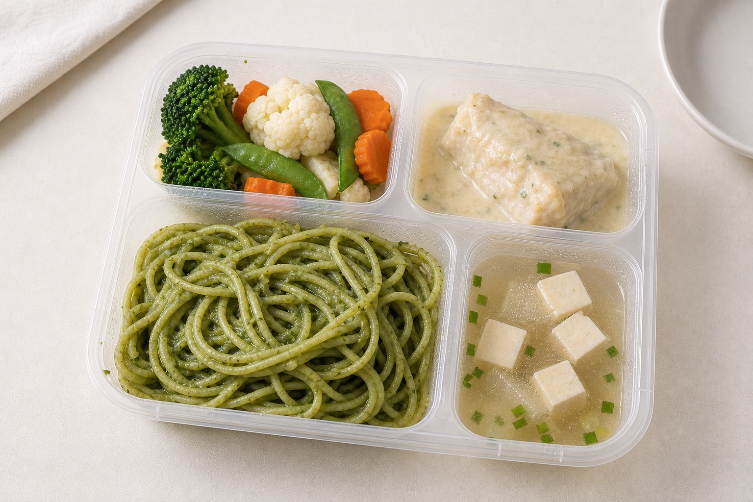 Green pasta tray showing smooth hidden vegetables and clear separated sides