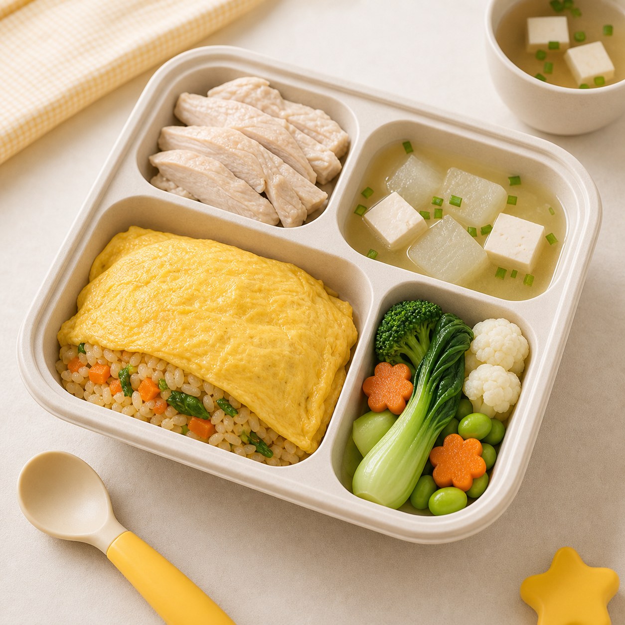 Soft omelet rice tray with chicken, soup, and separated vegetables