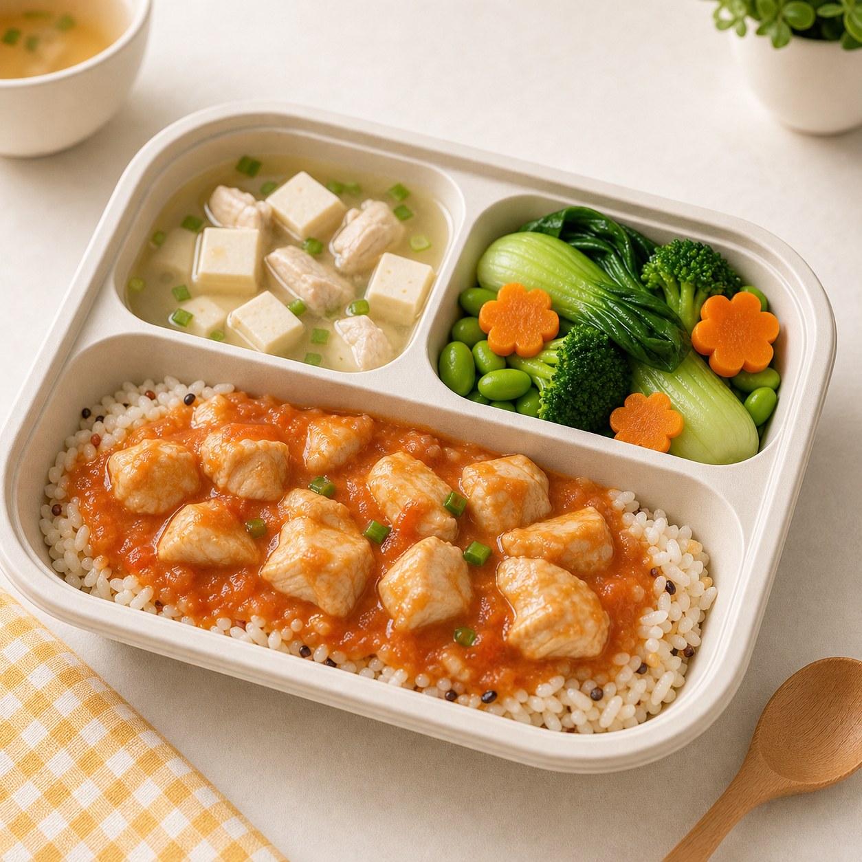 Familiar chicken rice tray with hidden tomato carrot sauce and separated vegetables