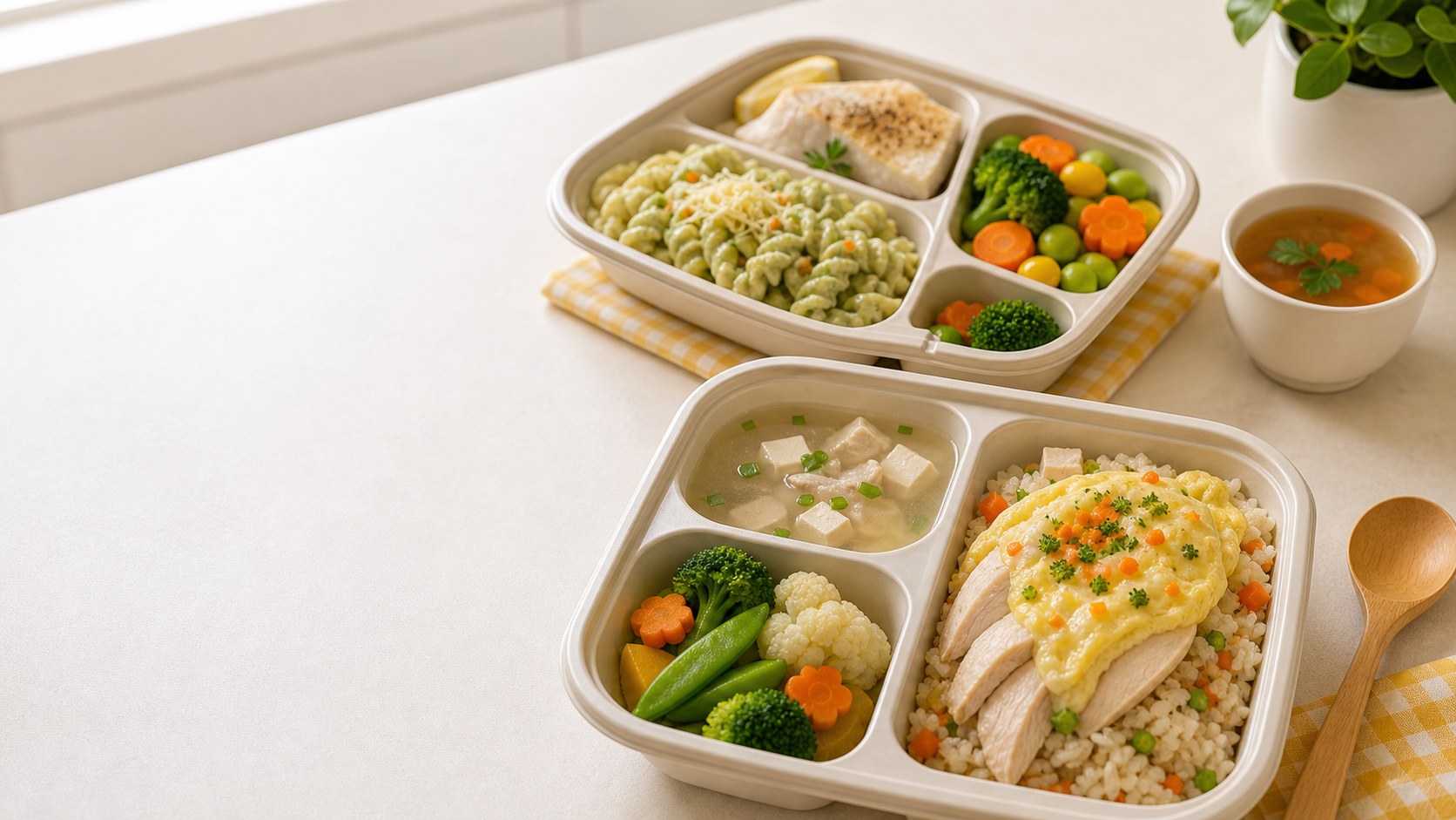 Two My Little Boss meal trays showing how the team shortlists food around each child