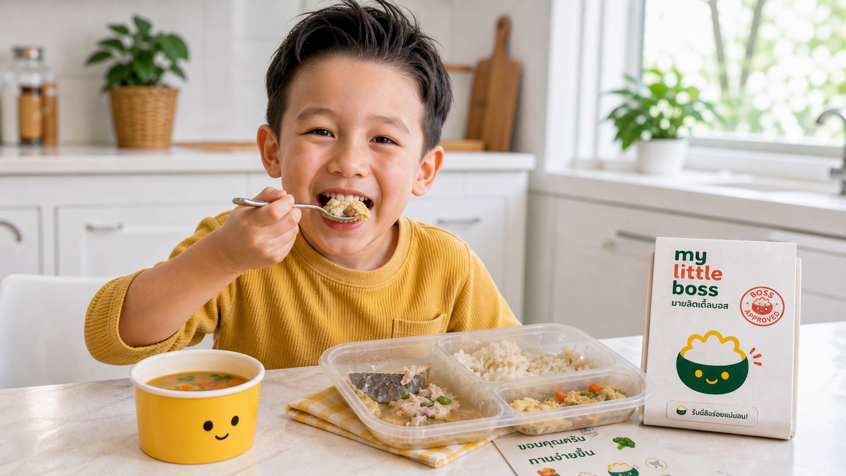 Child eating a real-menu-inspired My Little Boss meal in a bright kitchen