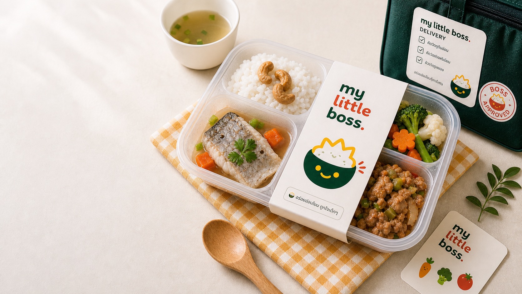 My Little Boss meal tray with real menu food, packaging, LINE chat, and delivery bag