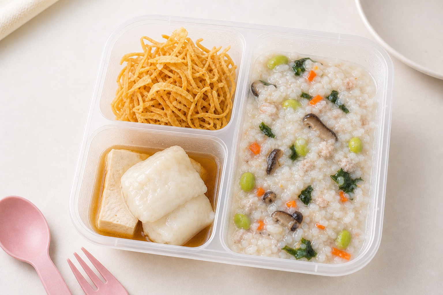 Rice porridge with crispy strips and tofu side in a My Little Boss meal tray
