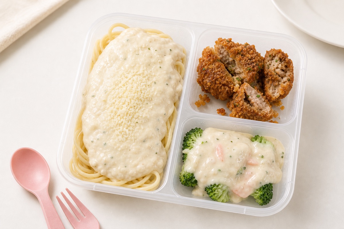 Cream spaghetti with breaded cutlet and creamy vegetables in a My Little Boss meal tray
