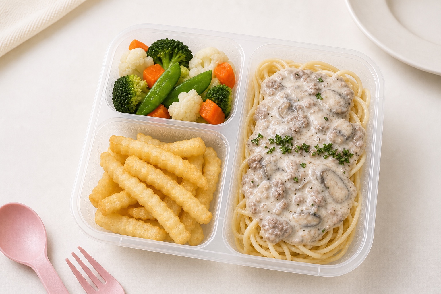 Cream spaghetti with fries and mixed vegetables in a My Little Boss meal tray