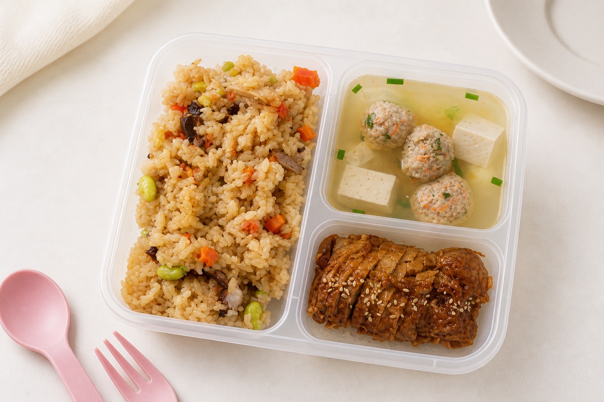 Fried rice with tofu meatball soup and a savory side in a My Little Boss meal tray