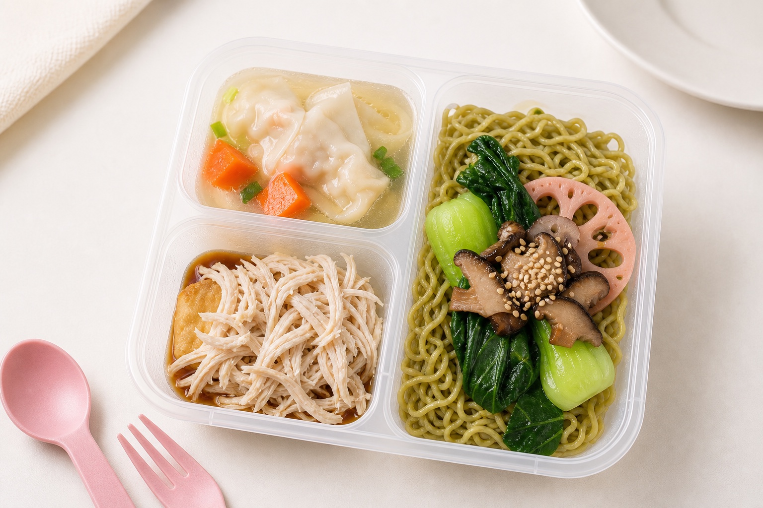 Green noodles with wontons, shredded chicken, and vegetables in a My Little Boss meal tray