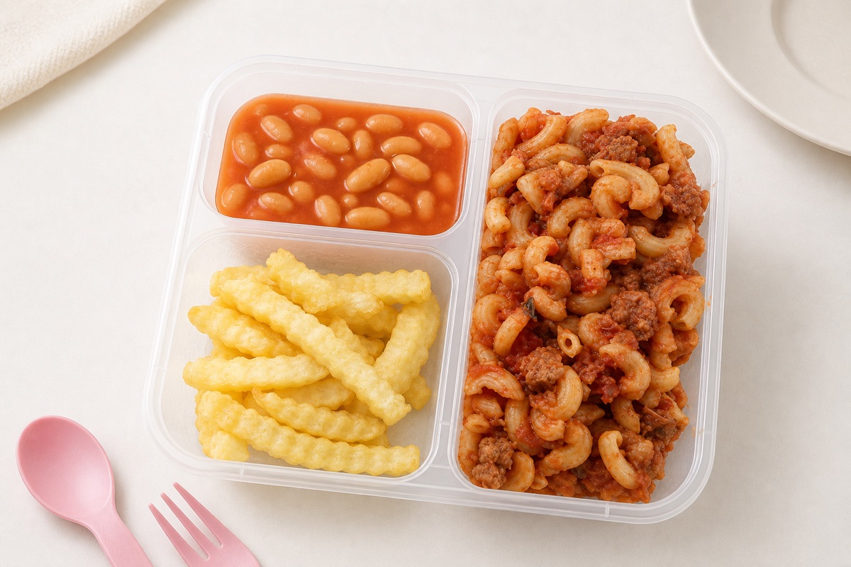 Macaroni in tomato sauce with beans and potato sides in a My Little Boss meal tray