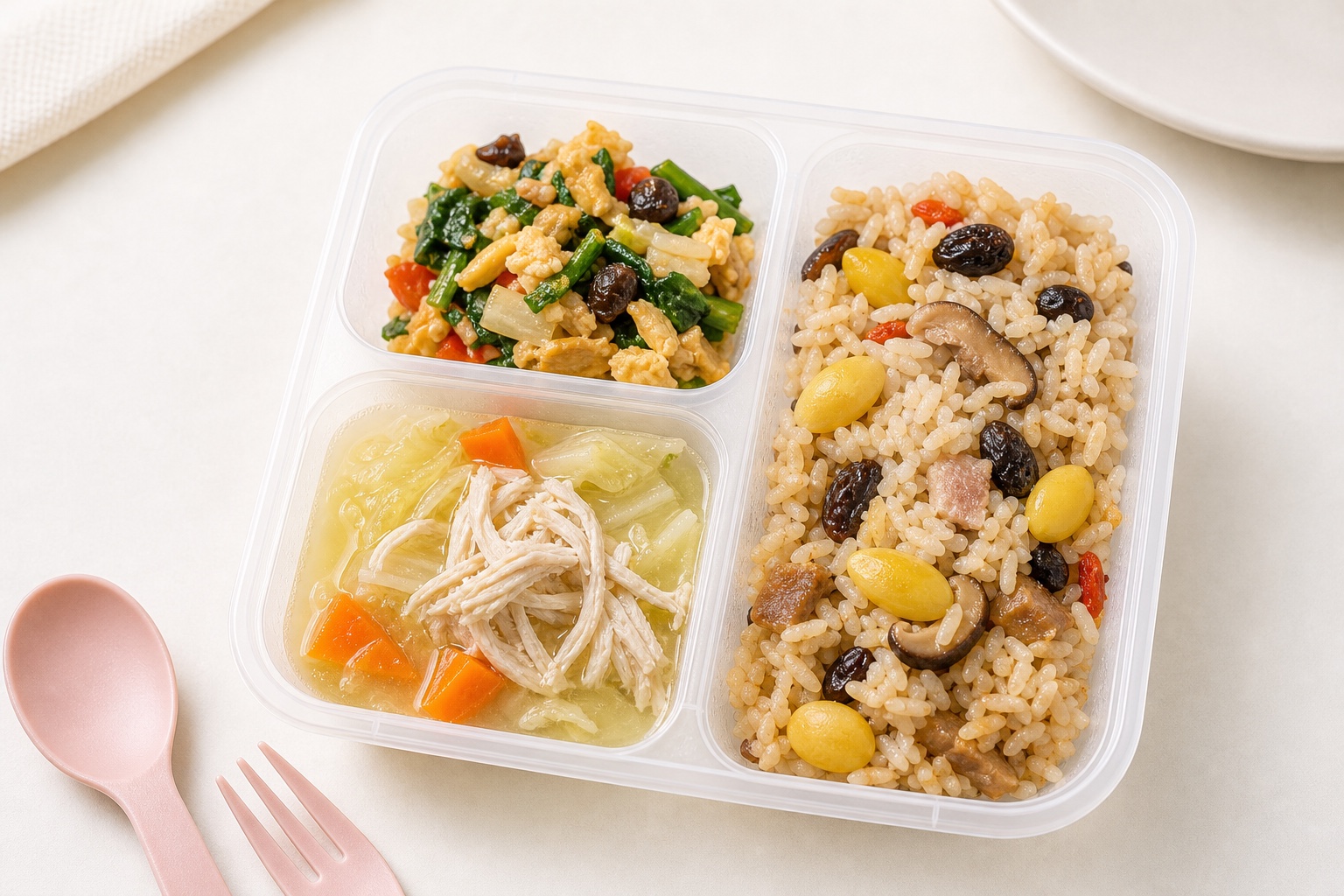 Mushroom rice with clear soup and vegetable side in a My Little Boss meal tray