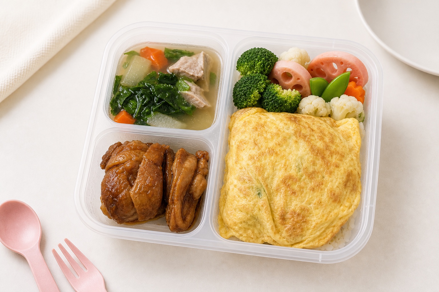 Real My Little Boss tray with omelet rice, chicken, soup, and vegetables