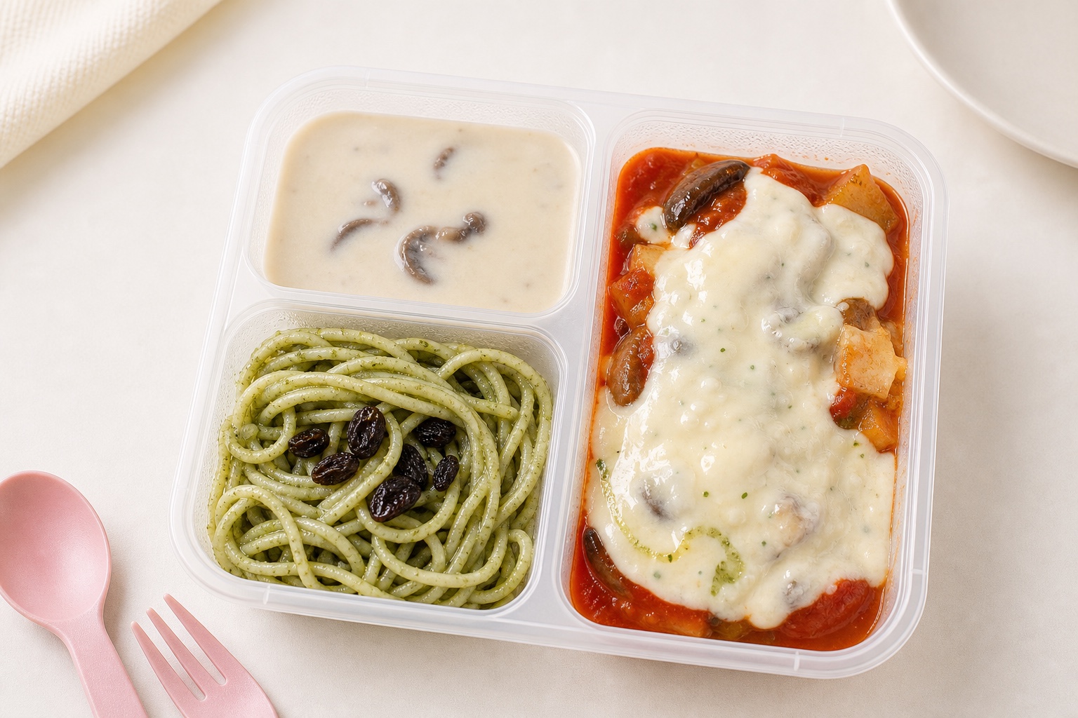 Pesto spaghetti with creamy soup and tomato baked dish in a My Little Boss meal tray