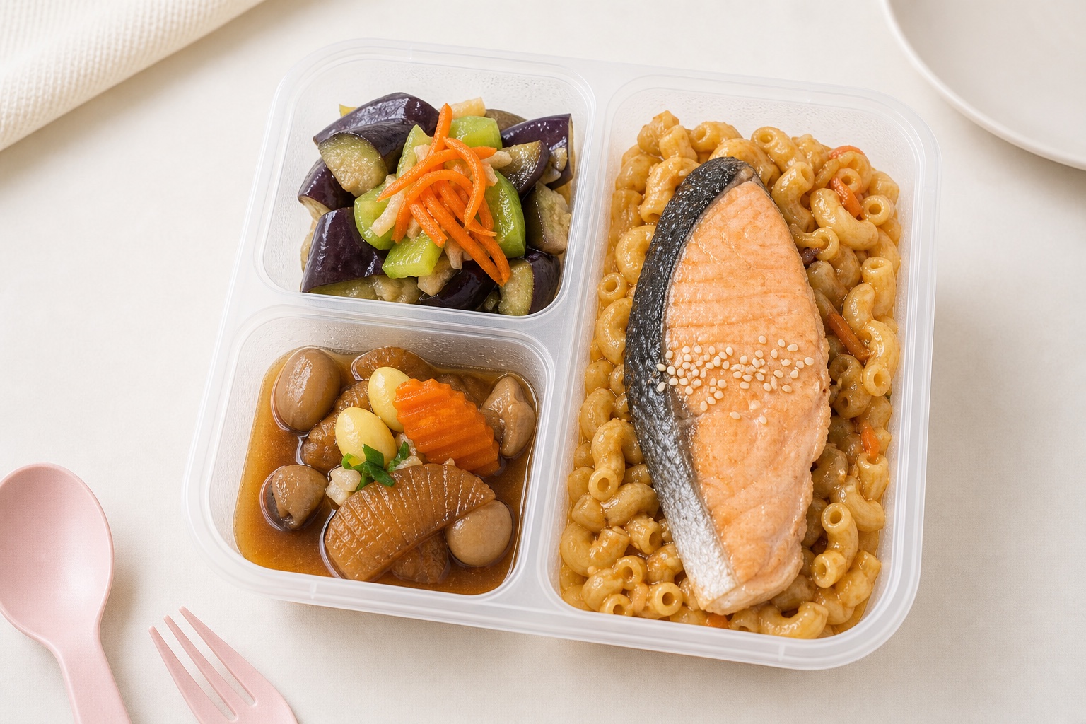 Salmon macaroni with vegetables and braised side in a My Little Boss meal tray