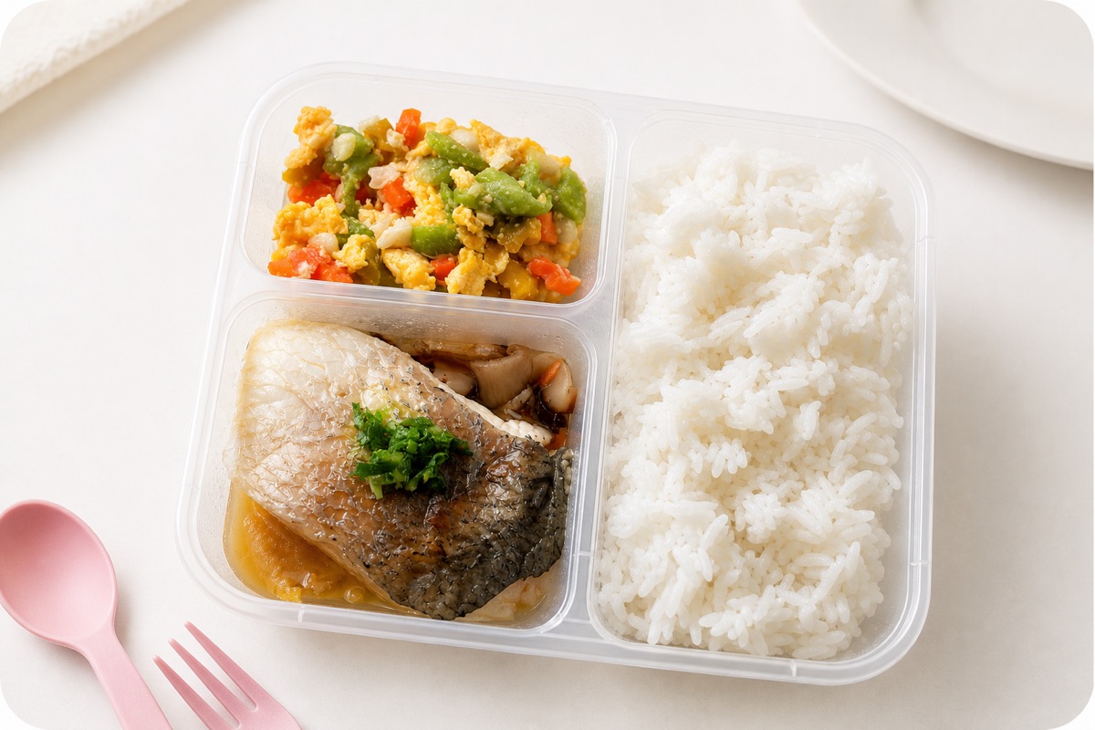 Real My Little Boss steamed sea bass meal tray with rice and vegetables