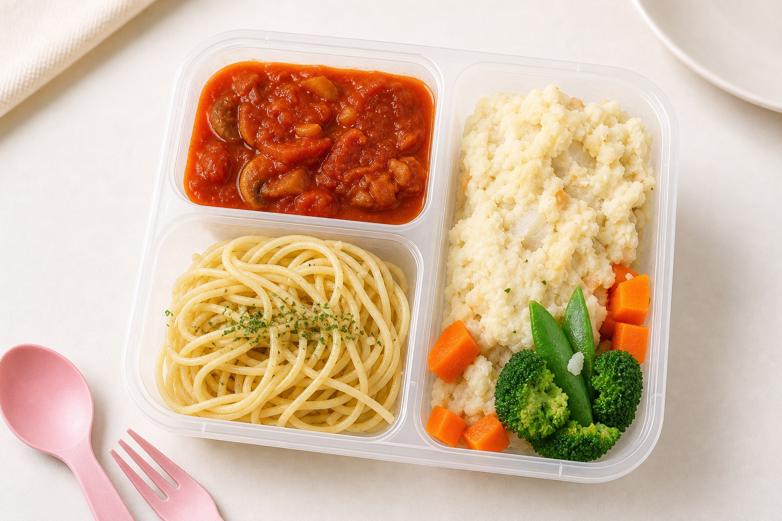 Spaghetti with tomato sauce, mashed potato, and vegetables in a My Little Boss meal tray